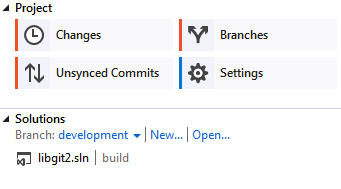 La vue « Accueil » pour un dépôt Git dans Visual Studio