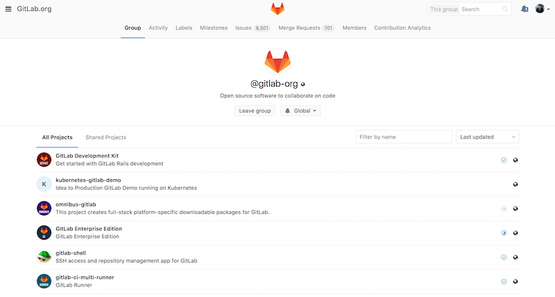 Οθόνη διαχείρισης ομάδων του GitLab